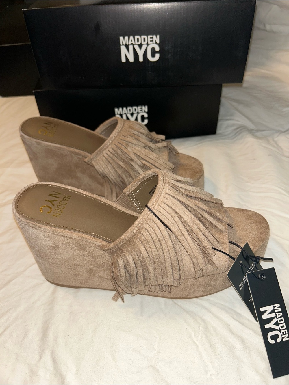 Madden NYC Tan Boho Fringe Wedge Sandals